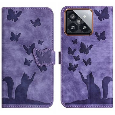 Peňaženkové kožené puzdro Butterfly Cat na Xiaomi 14 Pro - Fialová