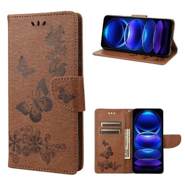 Peňaženkové kožené puzdro Butterfly Embossed na Xiaomi Redmi Note 12 Pro 5G – Hnedá