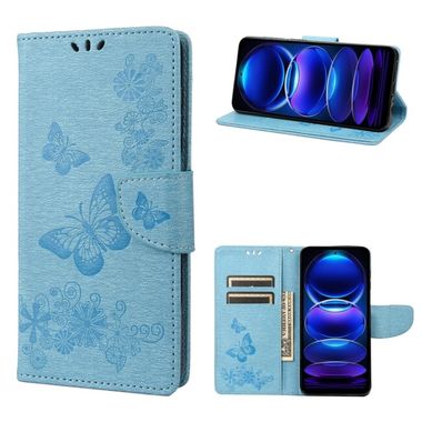 Peňaženkové kožené puzdro Butterfly Embossed na Xiaomi Redmi Note 12 Pro 5G – Modrá