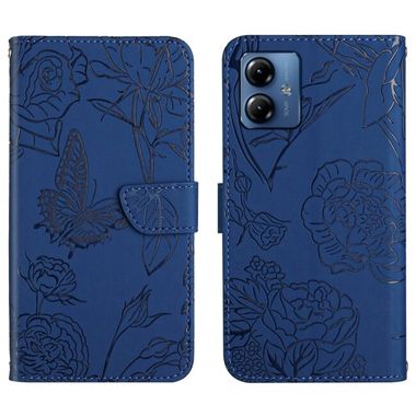 Peňaženkové kožené puzdro Butterfly Embossed Skin Feel na Moto G54 5G / G54 5G Power Edition - Modrá