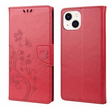 Peňaženkové kožené puzdro Butterfly Flower na iPhone 14 Plus - Červená