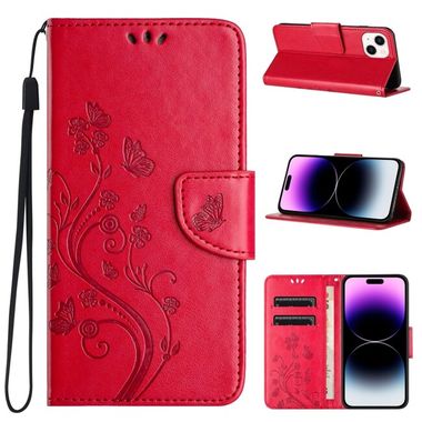 Peňaženkové kožené puzdro Butterfly Flower na iPhone 15 Plus - Červená