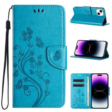 Peňaženkové kožené puzdro Butterfly Flower na iPhone 15 Plus - Modrá