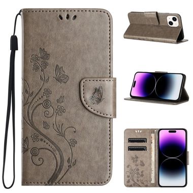 Peňaženkové kožené puzdro Butterfly Flower na iPhone 15 Plus - Sivá