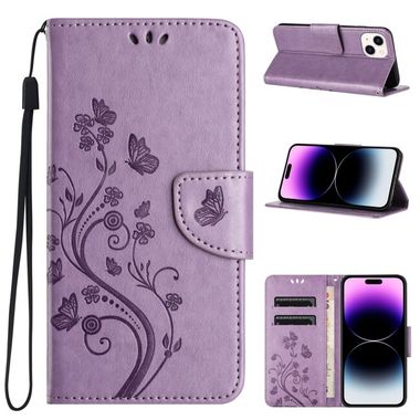 Peňaženkové kožené puzdro Butterfly Flower na iPhone 15 Plus - Svetlofialová