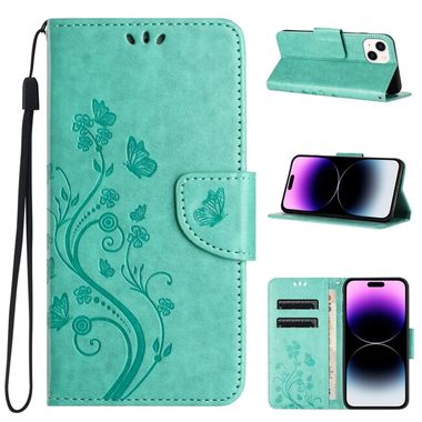 Peňaženkové kožené puzdro Butterfly Flower na iPhone 15 Plus - Zelená