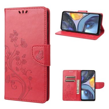 Peňaženkové kožené puzdro Butterfly Flower na Motorola Moto G22 - Červená