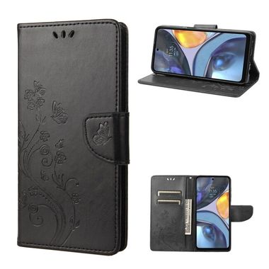 Peňaženkové kožené puzdro Butterfly Flower na Motorola Moto G22 - Čierna