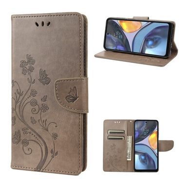 Peňaženkové kožené puzdro Butterfly Flower na Motorola Moto G22 - Šedá