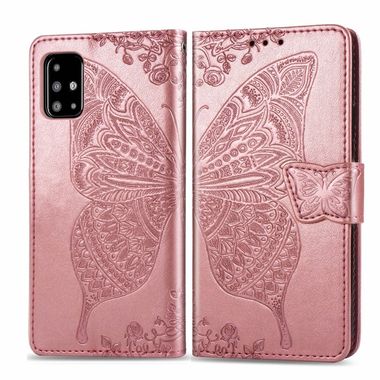Peňaženkové kožené puzdro Butterfly Love Flower Embossed Horizontal na Samsung Galaxy A51 Rose Gold