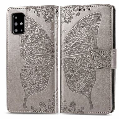 Peňaženkové kožené puzdro Butterfly Love Flower Embossed Horizontal na Samsung Galaxy A51 - Sivá