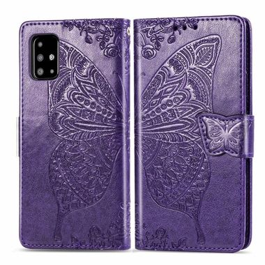 Peňaženkové kožené puzdro Butterfly Love Flower Embossed Horizontal na Samsung Galaxy A51 - Tmavo Fialová