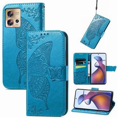 Peňaženkové kožené puzdro Butterfly Love na Motorola Edge 30 Fusion - Modrá