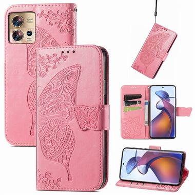 Peňaženkové kožené puzdro Butterfly Love na Motorola Edge 30 Fusion - Ružová