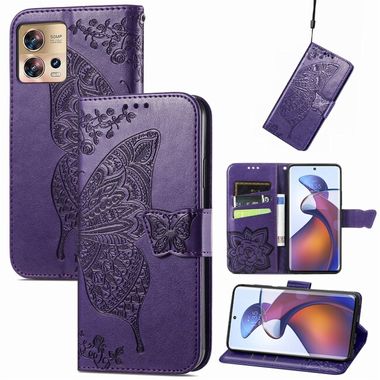 Peňaženkové kožené puzdro Butterfly Love na Motorola Edge 30 Fusion - Tmavo fialová