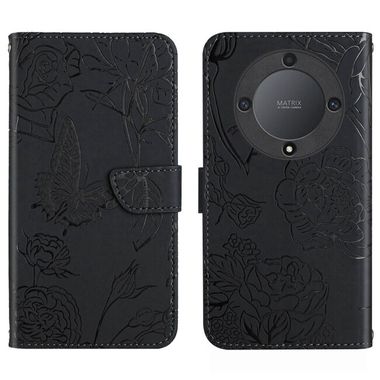 Peňaženkové kožené puzdro Butterfly na Honor Magic5 Lite - Čierna