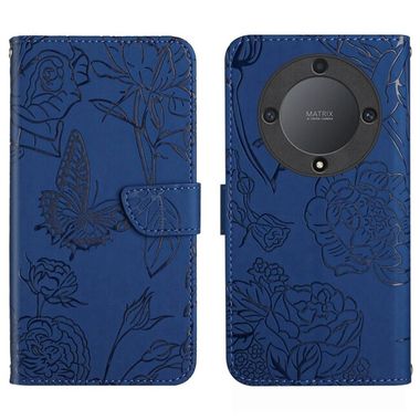 Peňaženkové kožené puzdro Butterfly na Honor Magic5 Lite - Modrá