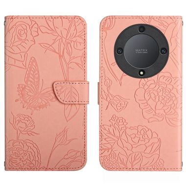 Peňaženkové kožené puzdro Butterfly na Honor Magic5 Lite - Ružová