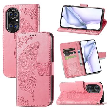 Peňaženkové kožené puzdro BUTTERFLY na Huawei P50 Pro – Ružová