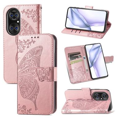 Peňaženkové kožené puzdro BUTTERFLY na Huawei P50 Pro – Ružovozlatá