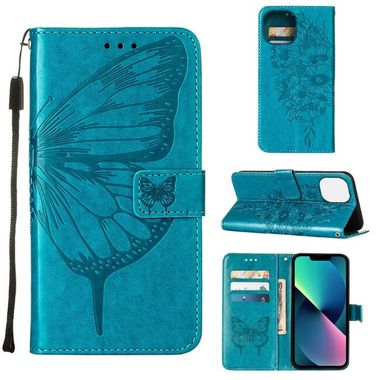 Peňaženkové kožené puzdro BUTTERFLY na iPhone 14 Plus - Modrá
