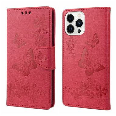 Peňaženkové kožené puzdro BUTTERFLY na iPhone 14 Pro Max - Červená