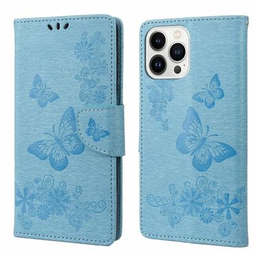 Peňaženkové kožené puzdro BUTTERFLY na iPhone 14 Pro Max - Modrá