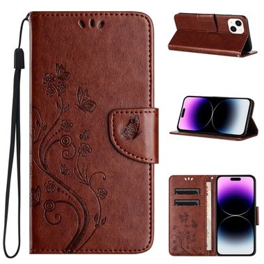 Peňaženkové kožené puzdro Butterfly na iPhone 15 - Hnedá