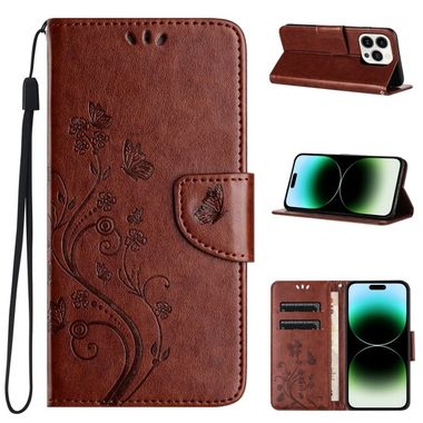 Peňaženkové kožené puzdro Butterfly na iPhone 15 Pro - Hnedá