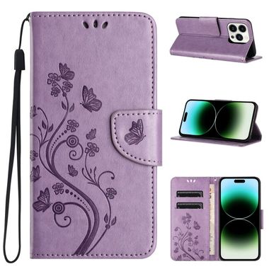 Peňaženkové kožené puzdro BUTTERFLY na iPhone 15 Pro Max - Slabo fialová