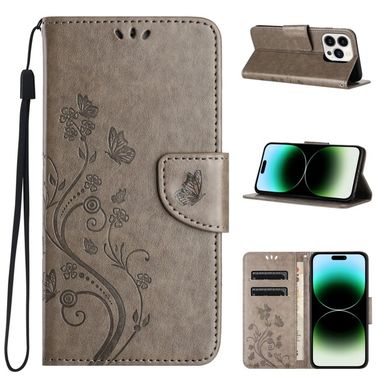 Peňaženkové kožené puzdro Butterfly na iPhone 15 Pro - Šedá