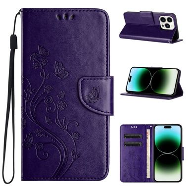 Peňaženkové kožené puzdro Butterfly na iPhone 15 Pro - Tmavo fialová