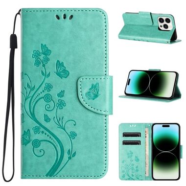 Peňaženkové kožené puzdro Butterfly na iPhone 15 Pro - Zelená