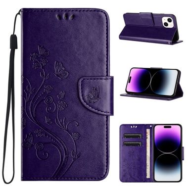 Peňaženkové kožené puzdro Butterfly na iPhone 15 - Tmavo fialová