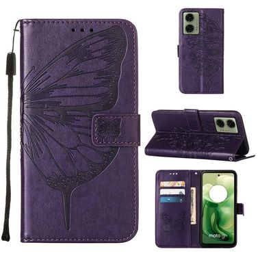 Peňaženkové kožené puzdro Butterfly na Motorola Moto G04/ G24 - Tmavofialová