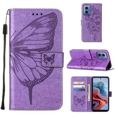 Peňaženkové kožené puzdro Butterfly na Motorola Moto G34 5G - Fialová
