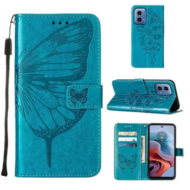 Peňaženkové kožené puzdro Butterfly na Motorola Moto G34 5G - Modrá