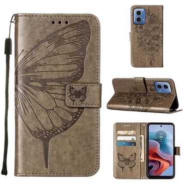 Peňaženkové kožené puzdro Butterfly na Motorola Moto G34 5G - Šedá