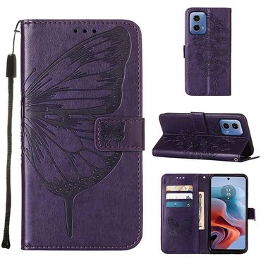 Peňaženkové kožené puzdro Butterfly na Motorola Moto G34 5G - Tmavofialová