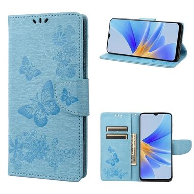 Peňaženkové kožené puzdro Butterfly na Oppo A17 - Modrá