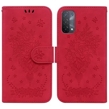 Peňaženkové kožené puzdro BUTTERFLY na Oppo A54 5G - Červená