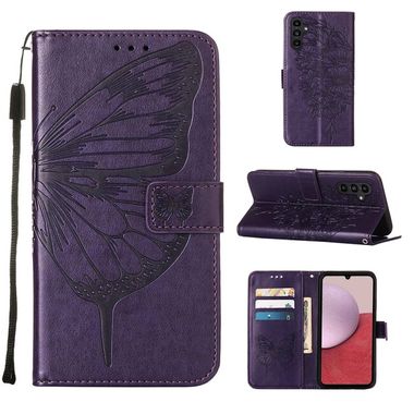 Peňaženkové kožené puzdro Butterfly na Samsung Galaxy A24/A25 5G - Tmavo fialová