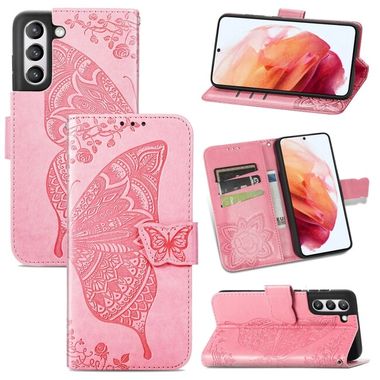 Peňaženkové kožené puzdro BUTTERFLY na Samsung Galaxy S21 FE - Ružová