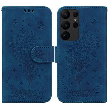 Peňaženkové kožené puzdro BUTTERFLY ROSE na Samsung Galaxy S23 Ultra 5G – Modrá