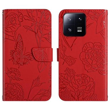 Peňaženkové kožené puzdro BUTTERFLY na Xiaomi 13 – Červená