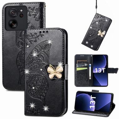 Peňaženkové kožené puzdro Butterfly na Xiaomi 13T / 13T Pro – Čierna