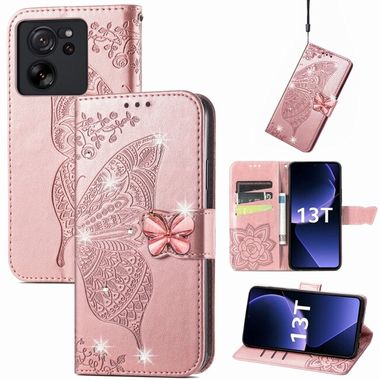Peňaženkové kožené puzdro Butterfly na Xiaomi 13T / 13T Pro – Ružové zlato