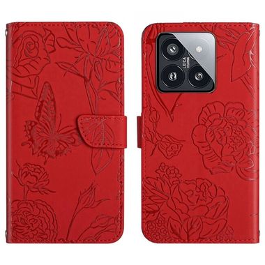 Peňaženkové kožené puzdro Butterfly na Xiaomi 14 Pro - Červená
