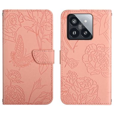 Peňaženkové kožené puzdro Butterfly na Xiaomi 14 Pro - Ružová