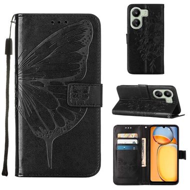 Peňaženkové kožené puzdro Butterfly na Xiaomi Redmi 13C - Čierna